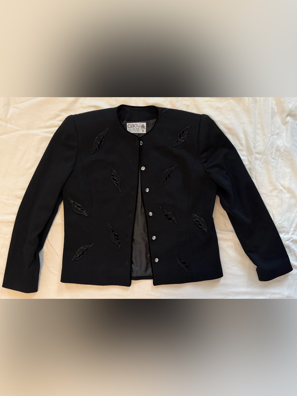 Vintage Ciao Ltd Hong Kong Black Wool Beaded Leaf Blazer Jacket Size 6 80s